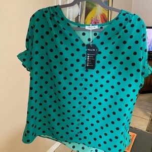NWT Blooming Jelly green blouse with black polka dots- XL